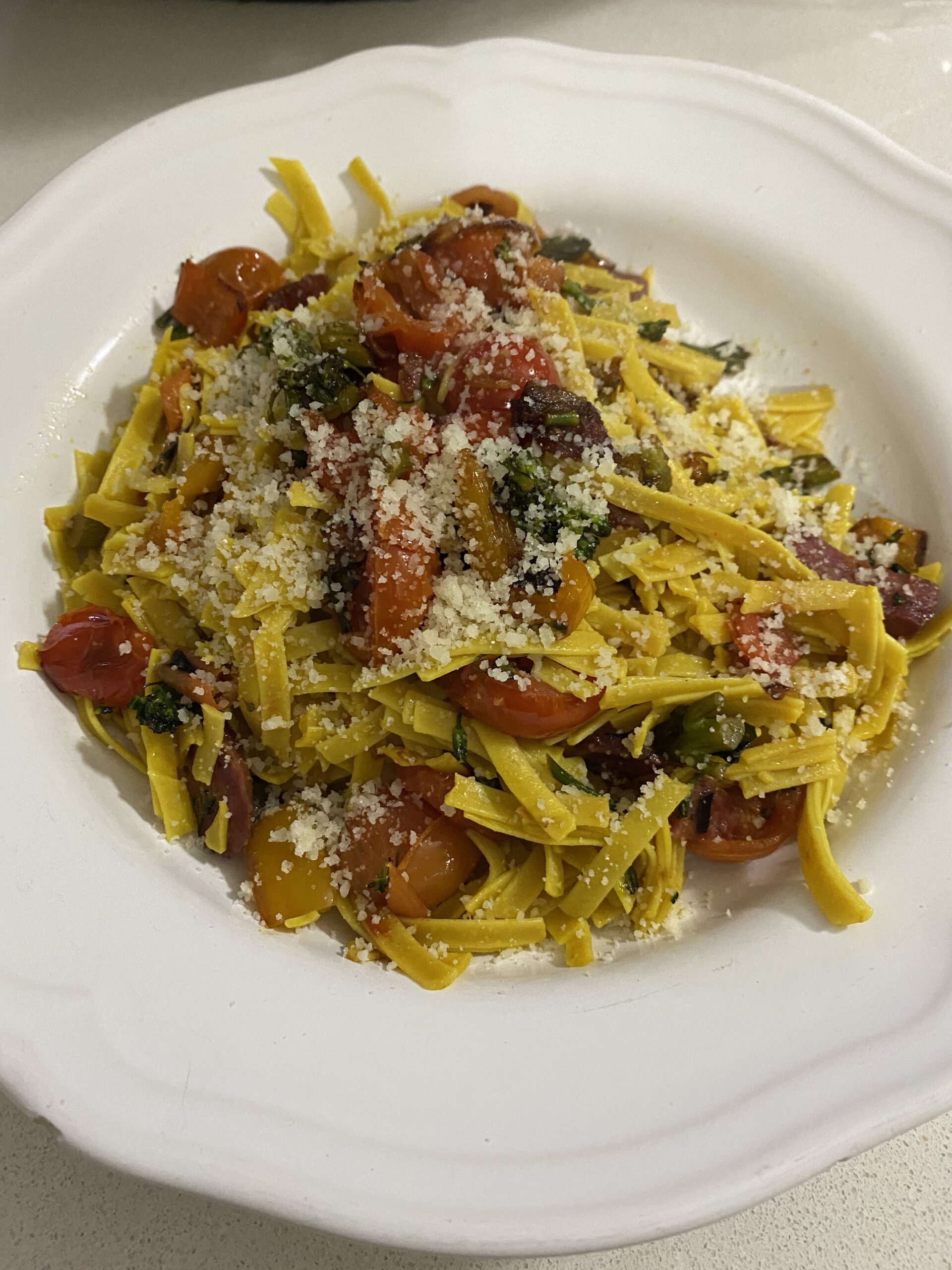 Turmeric Noodles with Salami & Peppers |